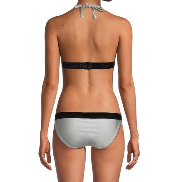 CALVIN KLEIN Swimsuit 2-Piece Logo Bikini Set Platinium Silver Triangle Halter L - Picture 2 of 13
